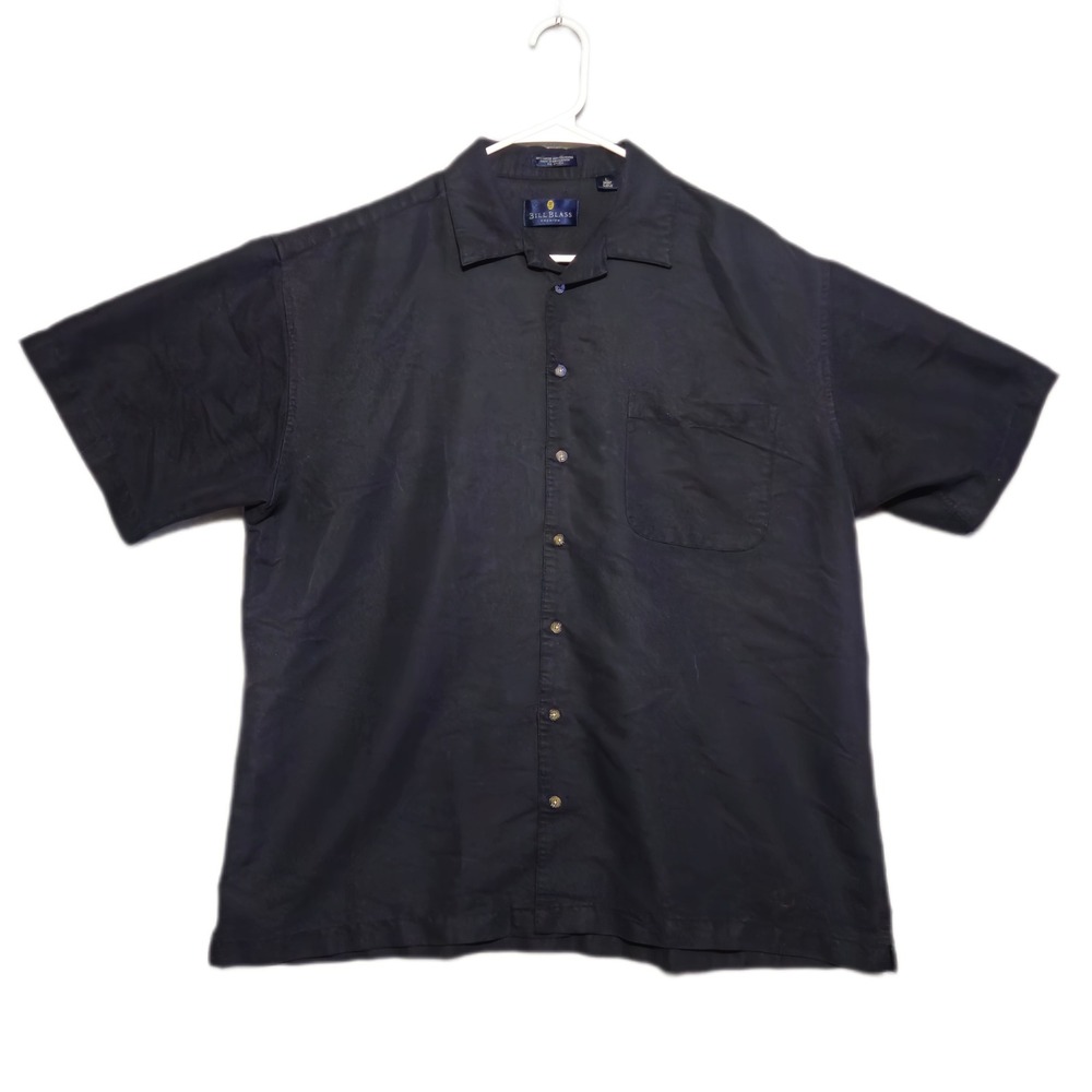 Bill Blass Premium Button Down Shirt Men Large Black Short Sleeve Rayon Blend